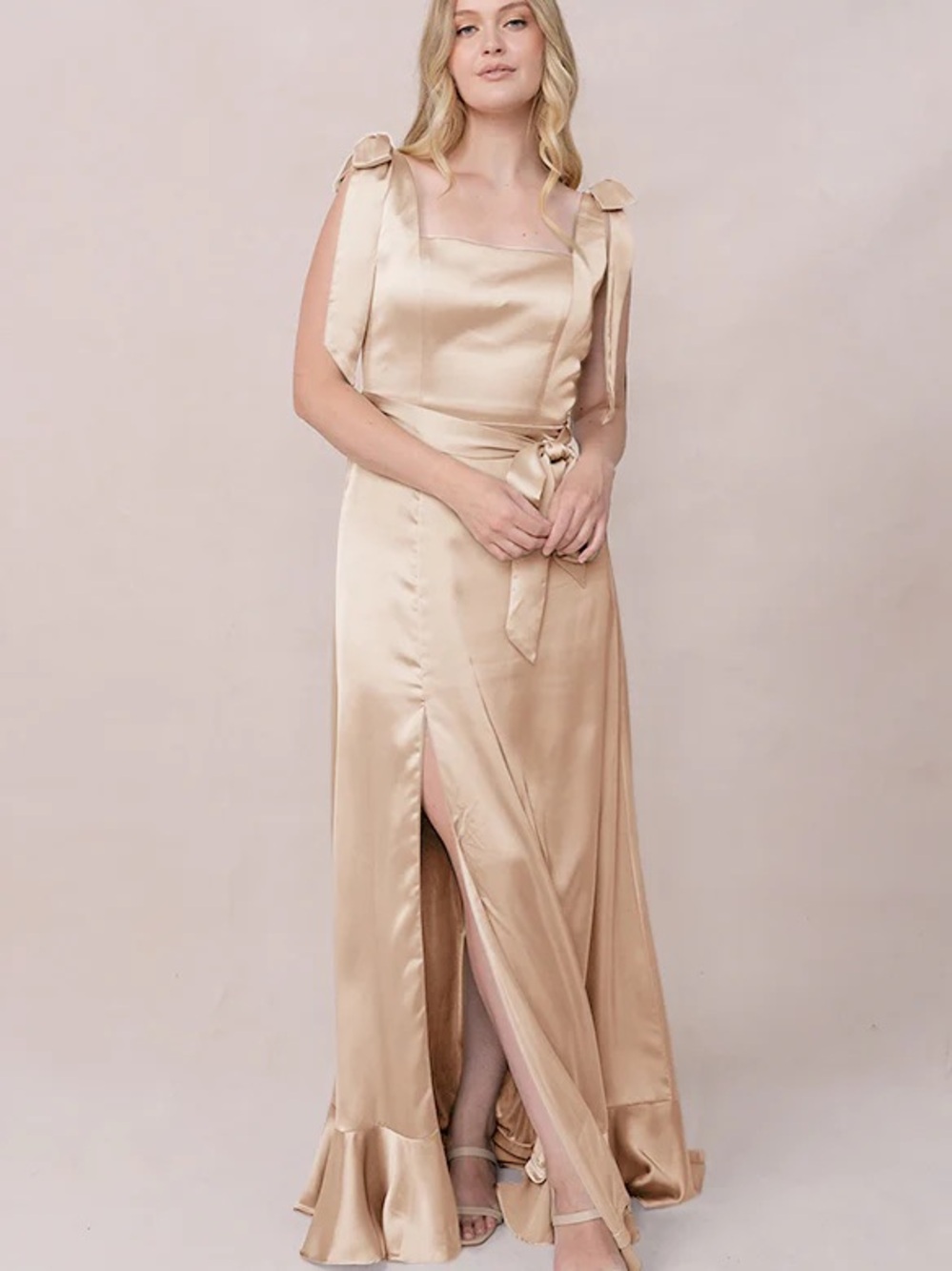 Revelry Satin Tie-Strap Maxi Dress in Champagne Gold